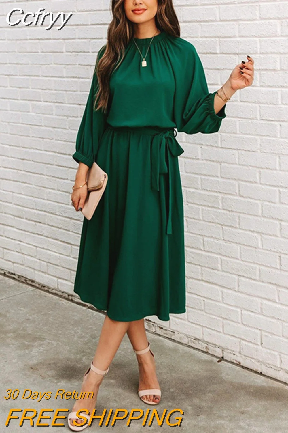 huibahe Spring Vintage Elegant Office Lady Dress For Women Casual Loose Green O-Neck Half Sleeve Belt A-Line Midi Dress Robe Femme