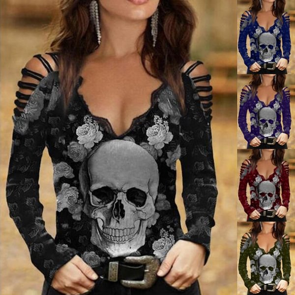 Fashion Women's V-neck Skull & Flower Print T-shirt Gothic Hollow Long Sleeve Tops Plus Size XS-5XL - BlackFridayBuys
