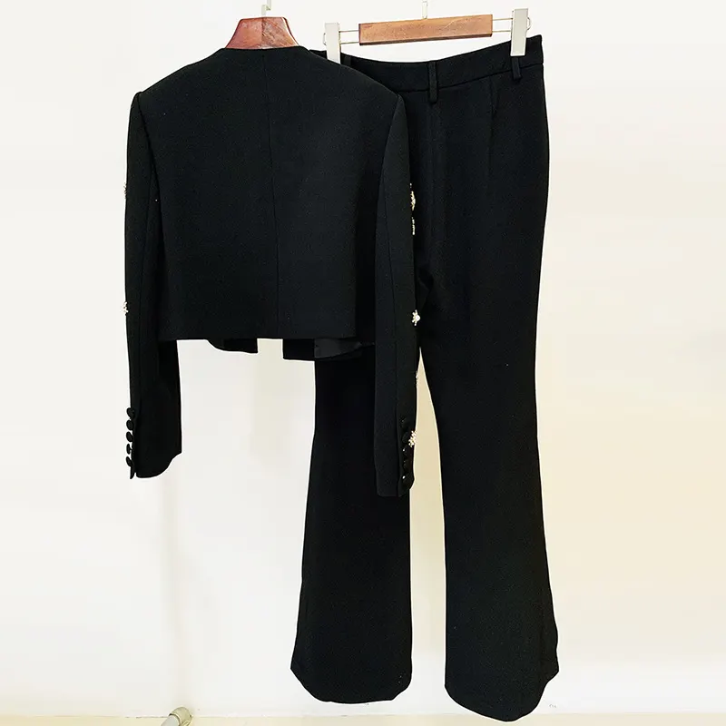 Nigikala Nigikala New Fashion Round Neck Heavy Industry Nail Beads Short Jacket Open Fork Horn Trousers Set
