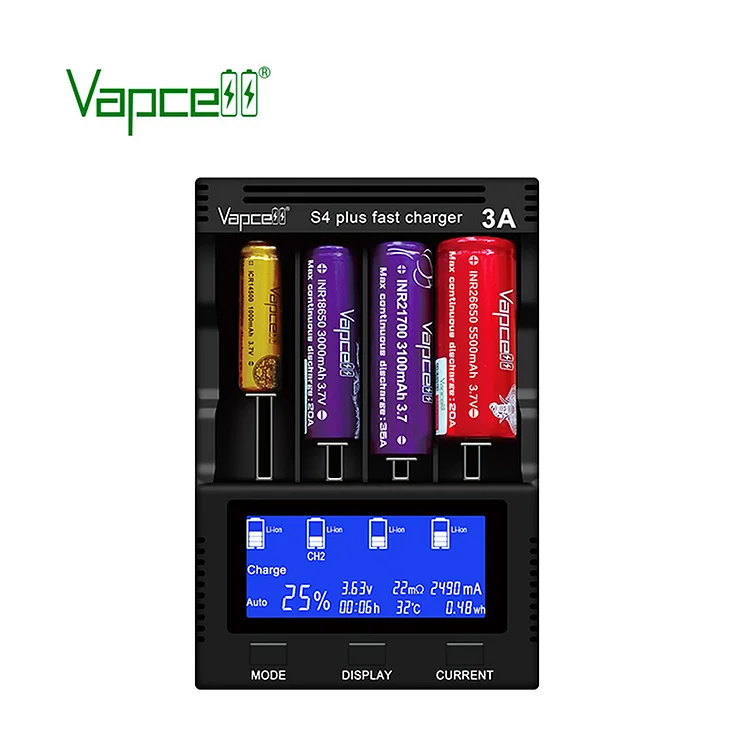 Vapcell S4+ Smart Chargers V3.0 with 4 Slots, Max 3A Per Slot, for 10440 14500 16340 18650 21700 and 26650 Batteries