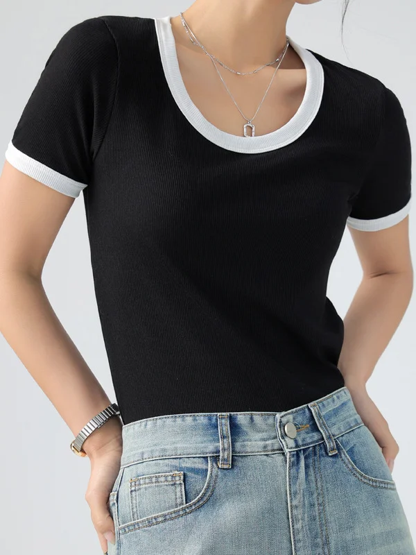 Contrast Color Skinny Short Sleeves Round-Neck T-Shirts