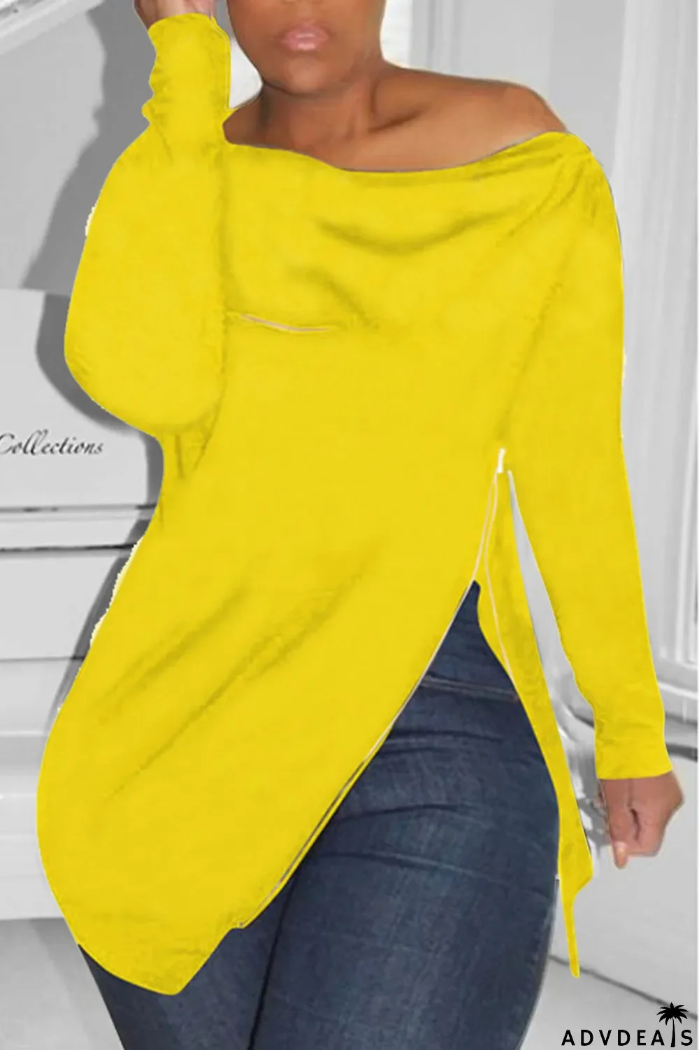 Burgundy Casual Solid Split Joint Asymmetrical Zipper Zipper Collar Tops