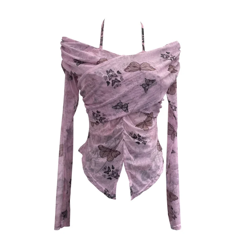 Uveng Real Shot Shoulder Strap Hanging Neck Pure Lust Wind Long-Sleeved T-Shirt Repair Cross-Folded Open Fork Short Top 9932