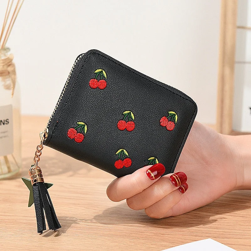 2022 Cherry Embroidery Women's Wallet PU Leather Trend Short Small Wallet New Student Simple Fashion Wallet Zipper Coin Purse