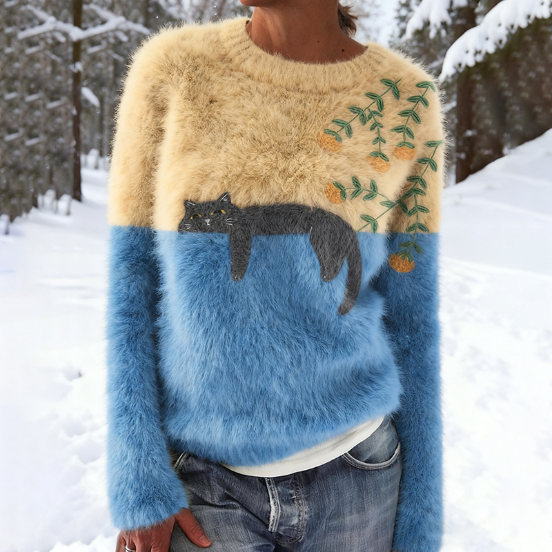 Abstract Creative Lazy Black Cat Artistic Warm Wool Pullover elevenforest