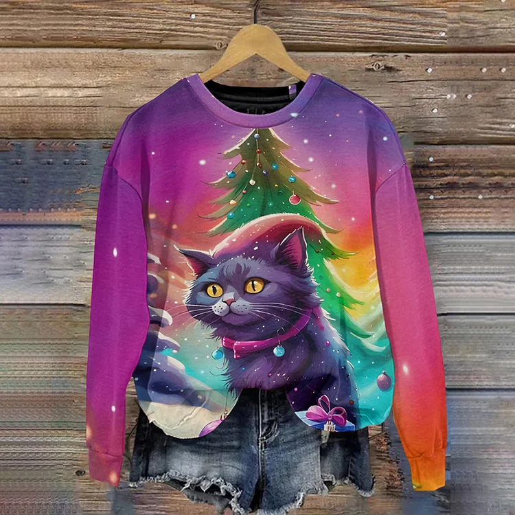Comstylish Cartoon Cat Print Long Sleeve Sweatshirt