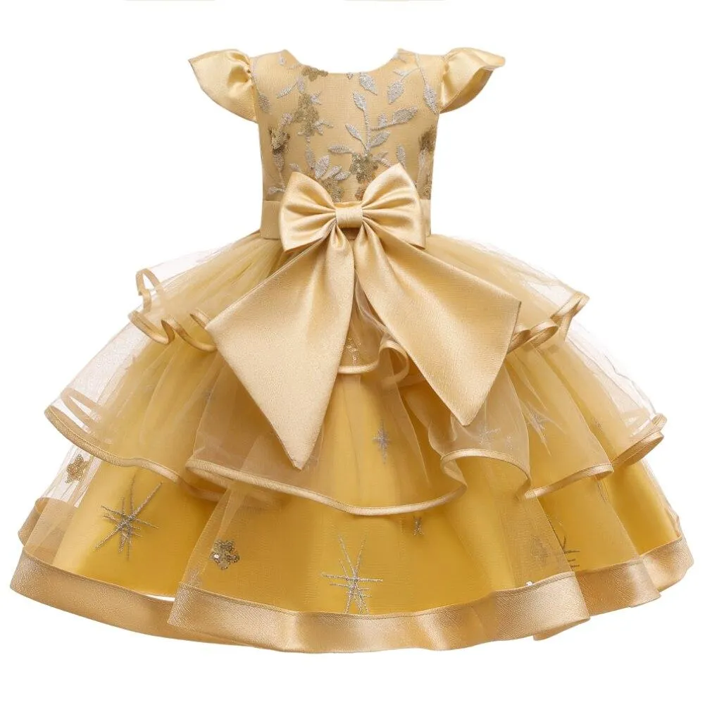 Children's Bow Sequined Prom Wedding Bridesmaid Dress Girl Flying Sleeves Multi-Layer Mesh Princess Dress