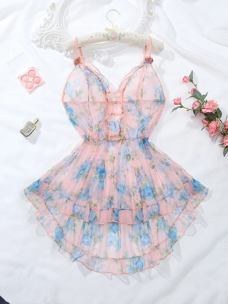 Plus Size Floral Printed See-through Mesh Lingerie Dress Babydoll