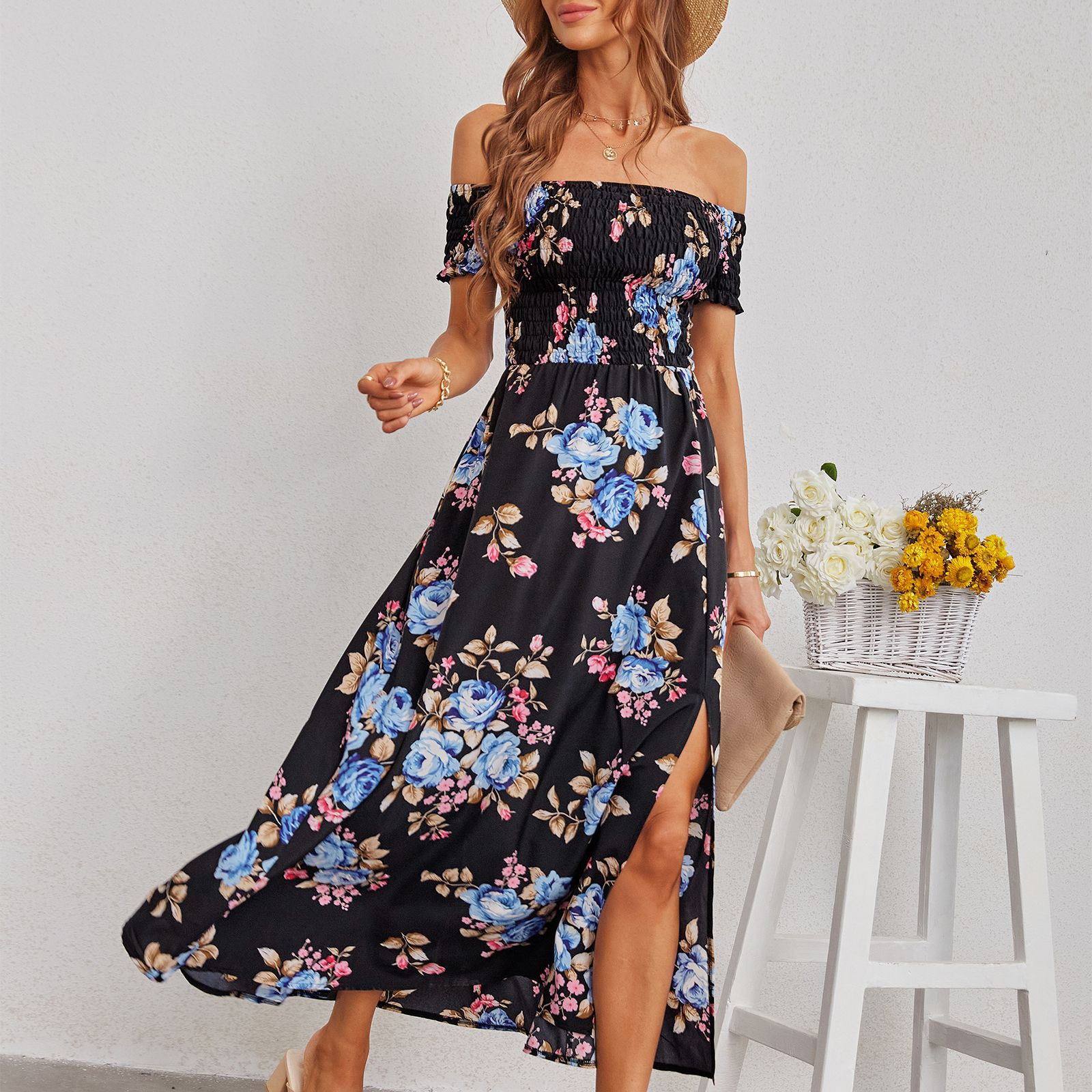 Mature Women Summer New Wrap Bust Printed Split Waist Dress