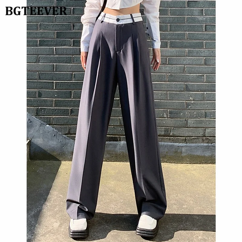 Churchf Stylish High Waist Wide Leg Trousers for Women Autumn Elegant Loose Cargo Pockets Patchwork Female Long Pants