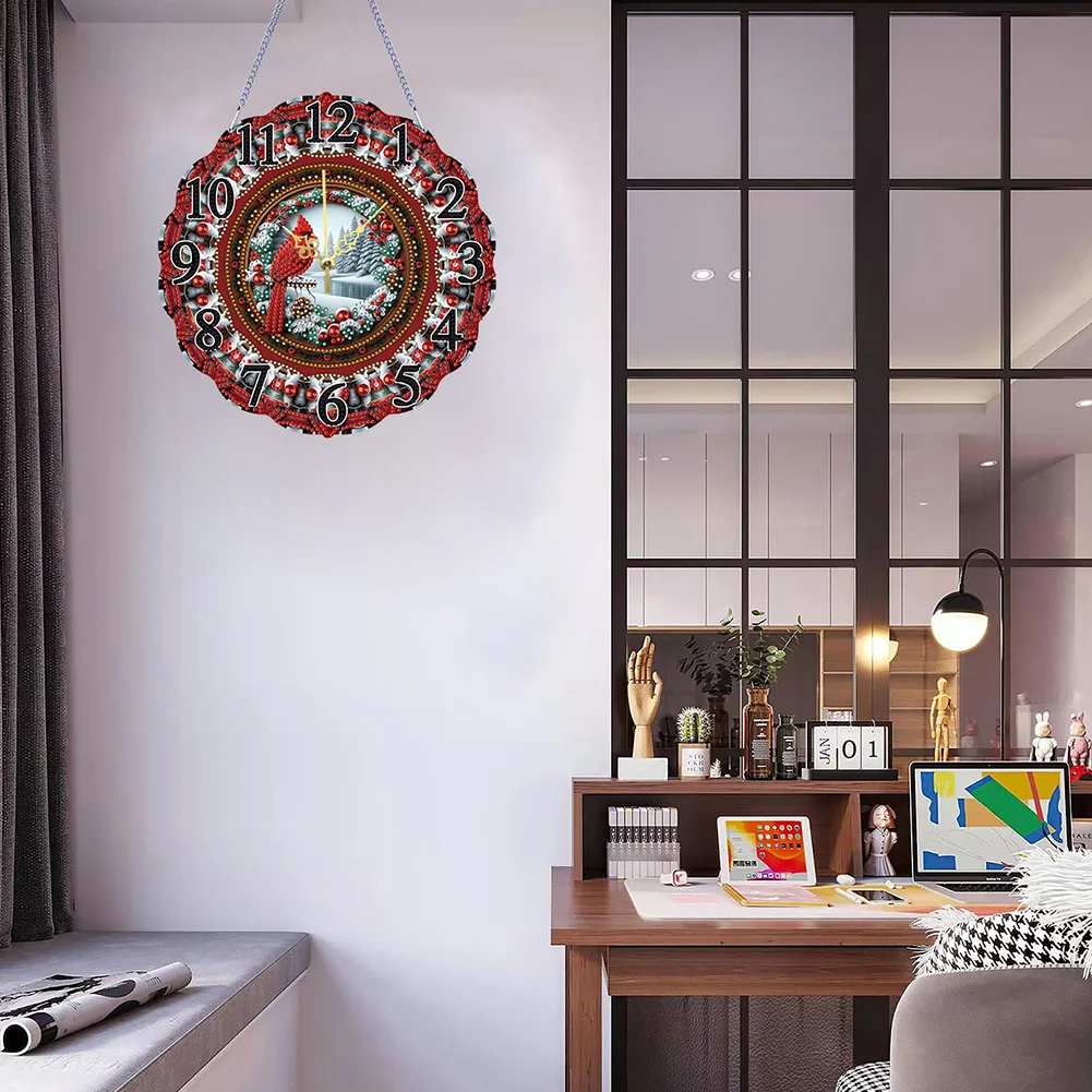 DIY Cardinal Special Shape Diamond Painting Hanging Clock for Home Decor