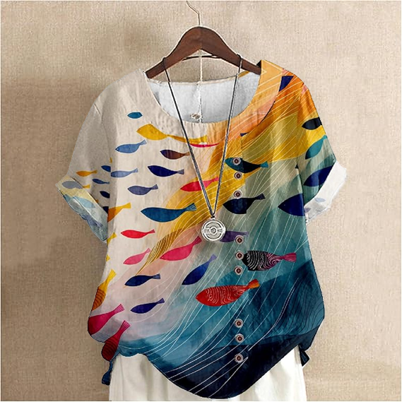 Women's Art Fish Pattern Cotton And Linen Short Sleeve Top