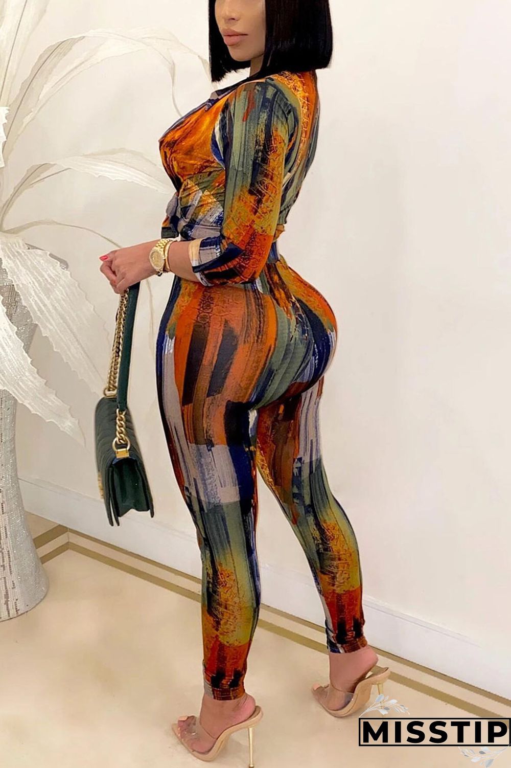 Colour British Style Print Turndown Collar Long Sleeve Two Pieces