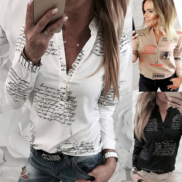 Women's Letter Printed V-neck Shirt Casual Long Sleeve Blouse - Shop Trendy Women's Fashion | TeeYours