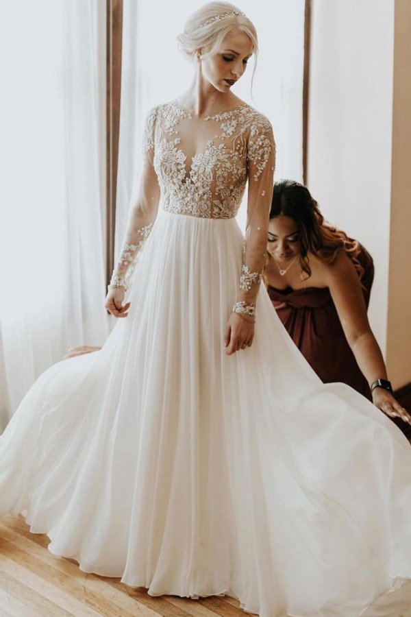 Chic Chiffon A-Line Long Sleeves Open Back Wedding Dress With Appliques Lace | Ballbellas Ballbellas