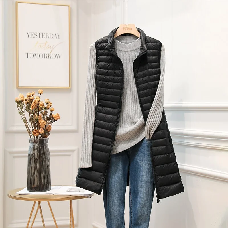 FTLZZ New Winter Women Ultra Light White Duck Down Jacket Zipper Medium Long Vest Stand Collar Outerwear 4XL Plus Size Down Coat