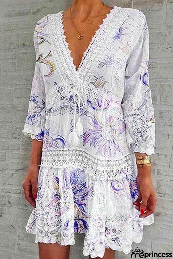 V Neck Lace Crochet Hollow Out Swing Dress