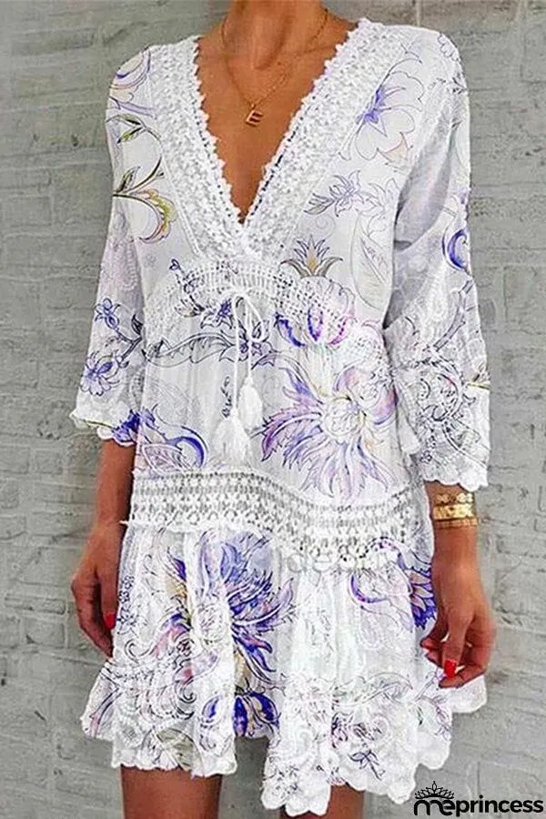 V Neck Lace Crochet Hollow Out Swing Dress