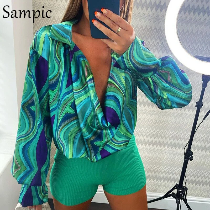 Sampic 2021 Winter Women Satin Long Sleeve V Neck Tie Dye Print Green Sexy Shirt Tops Fashion Ladies Club Party Blouse Shirt