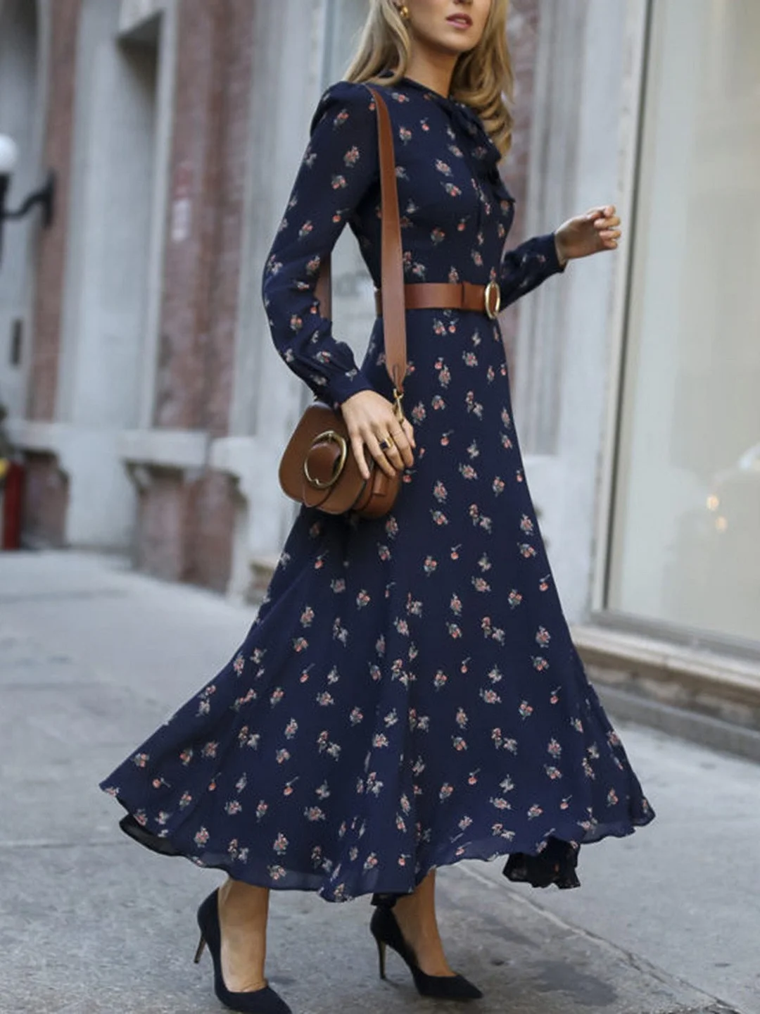 Tie-Neck Dark Blue Dresses Shift Date Floral Dresses