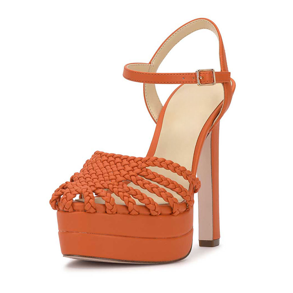 Orange Woven Ankle Strap Round Toe Platform Chunky Heeled Sandals Nicepairs