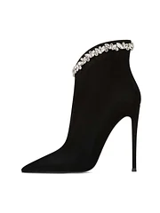 Black Faux Suede Pointed Toe Rhinestone Embellished Side-Zip