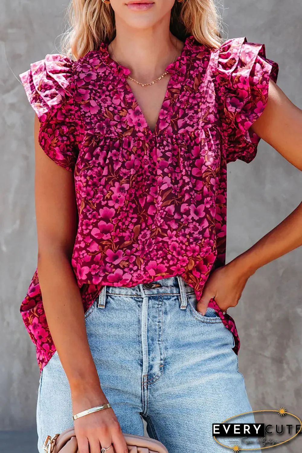 Rose Floral Print Tiered Flutter Sleeve V Neck Top