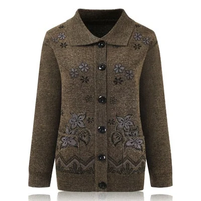 Women Knit Sweater Cardigan Jacket New Middle-aged Clothes Autumn Coat Lapel Single-breasted Long sleeve Sweater Female Tops 889