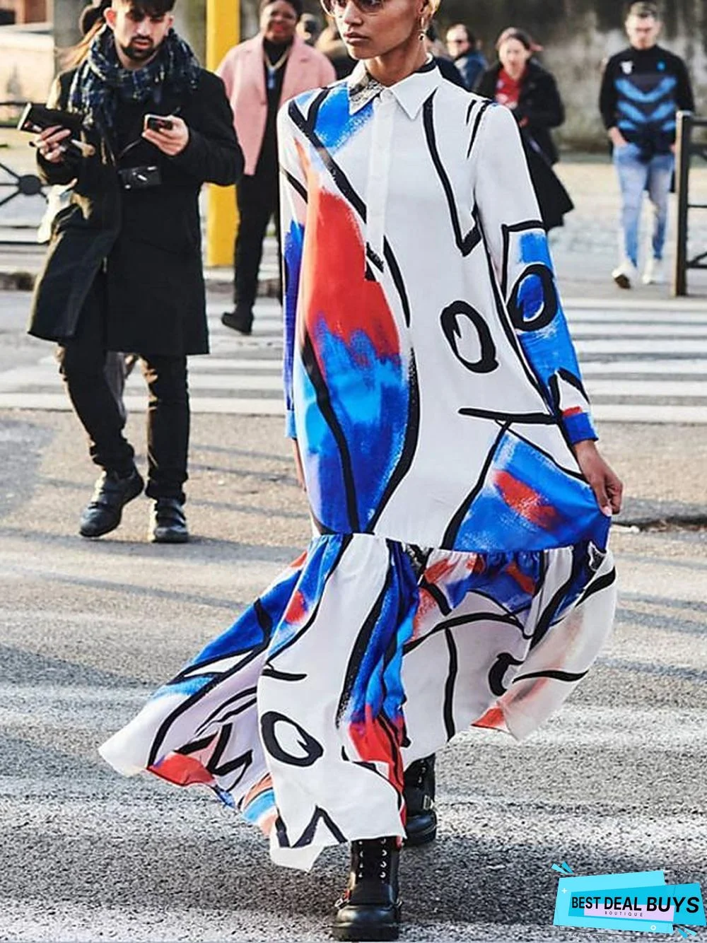 Women's Swing Dress Maxi Long Dress Long Sleeve Print Patchwork Print Fall Spring Elegant Boho White