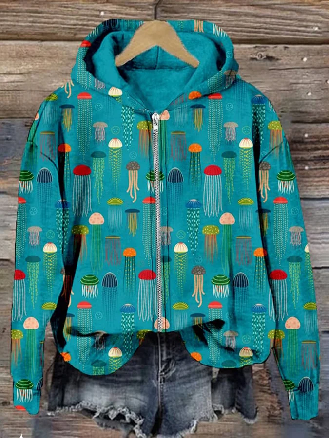 Women'S Colorful Jellyfish Art Print Zip-Up Hooded Sweater