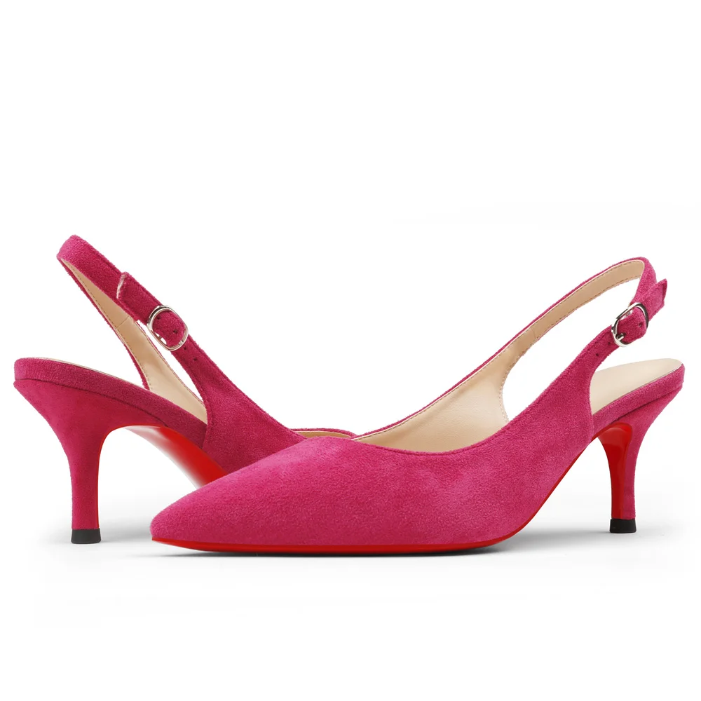 2.36" Women's Pointed Toe Sandals Slingback Red Bottom Shoes Kitten Heel Daily Pumps Suede-MERUMOTE