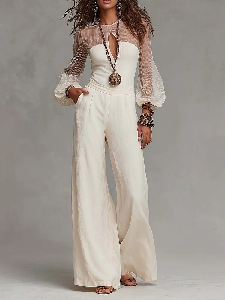 Boho Keyhole Cutout Sheer Puff Long Sleeve Wide Leg Jumpsuit