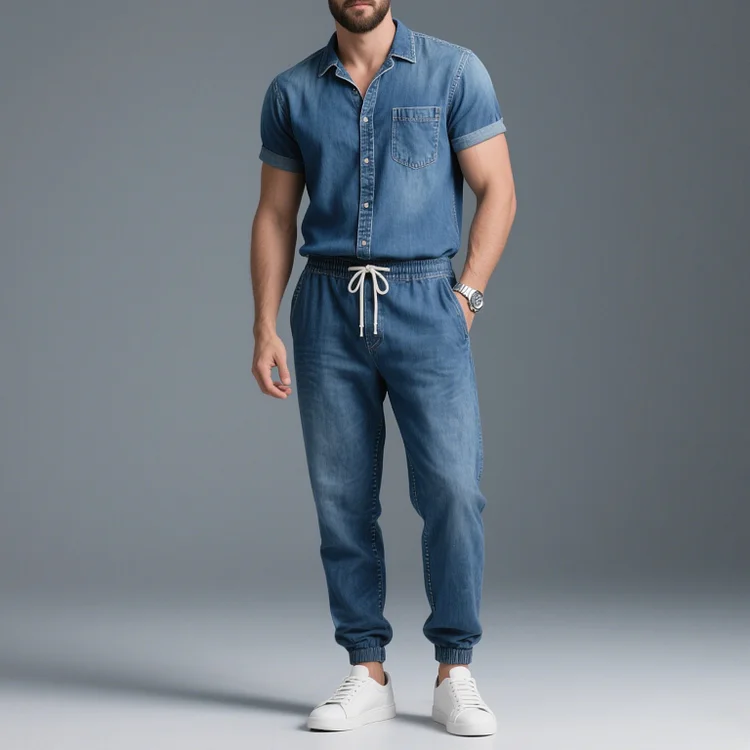 Okaywear Turndown Collar Denim Shirt & Drawstring Jeans 2Pcs Set 
