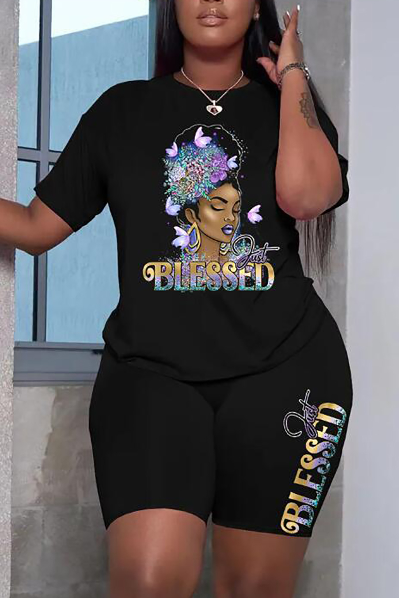 Plus Size Black African Casual Letter Pattern Print Short Sleeve Short Set