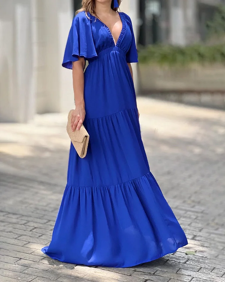 V-neck Solid Color Short-sleeved Dress