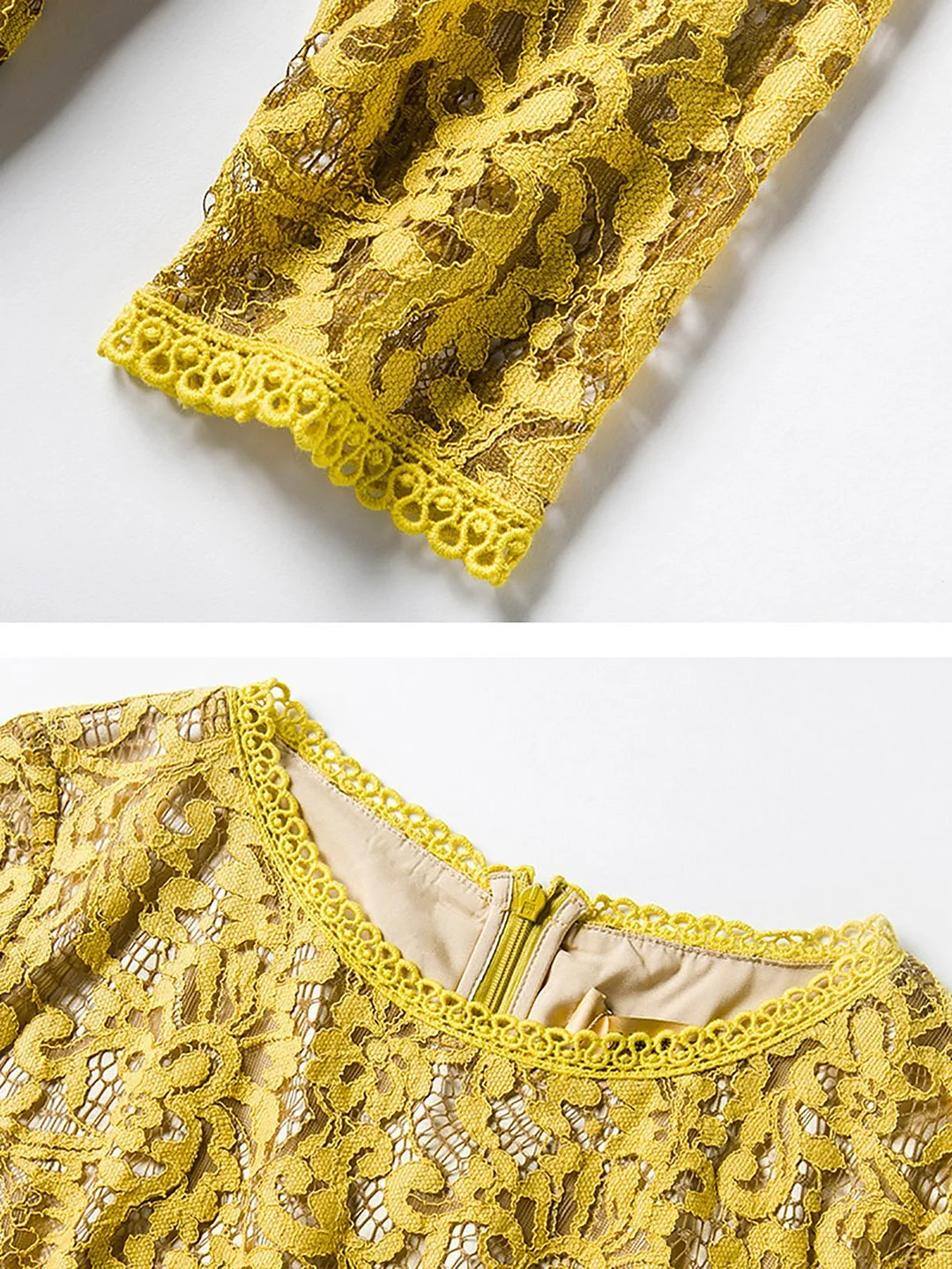 Yellow Flounce Elegant Lace Guipure lace Party Midi Dress