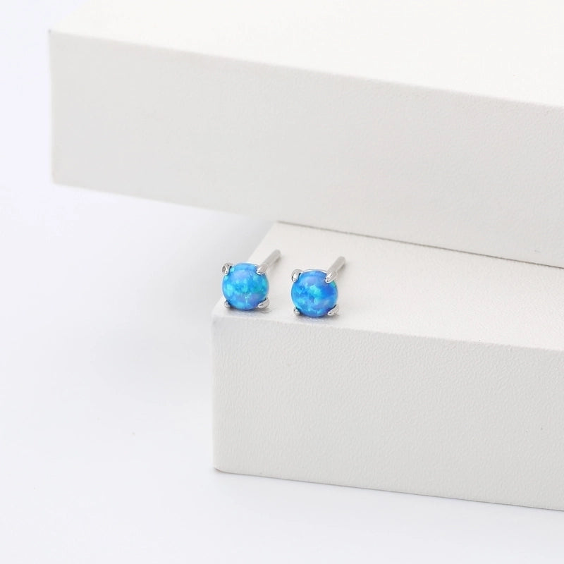1 Pair 925 Sterling Silver Opal Geometric Ear Studs