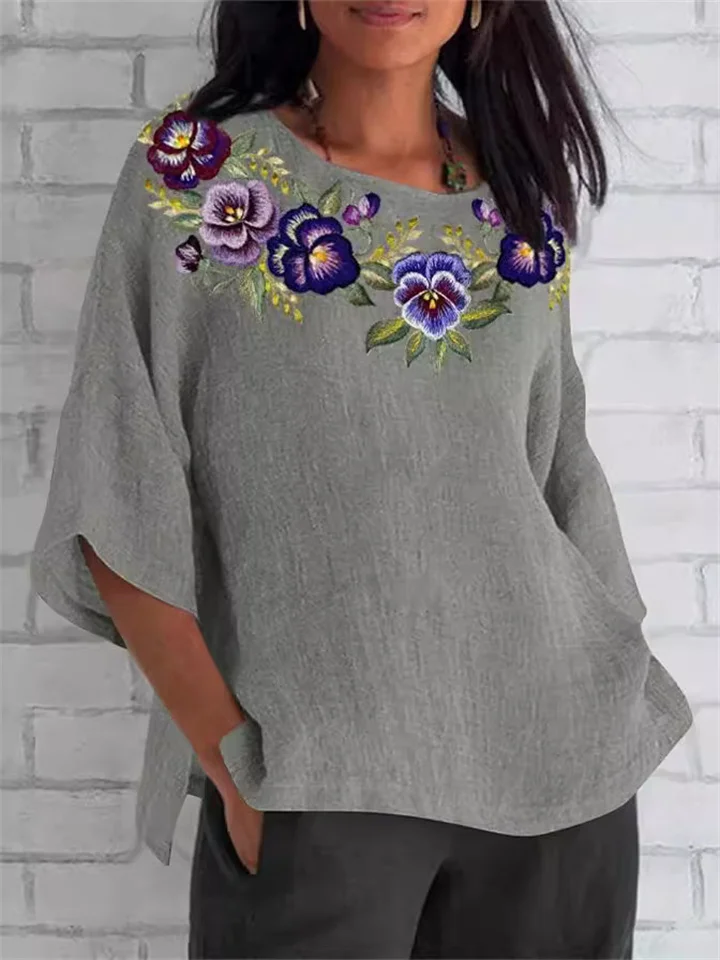 Women's New Seven-quarter Sleeve Floral Round Neck Short-sleeved Cotton Shirt