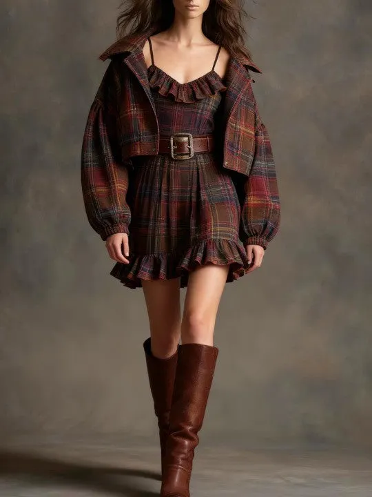 Vintage Plaid Ruffle Mini Dress and Loose Jacket Set