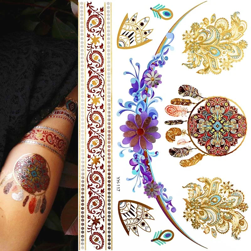 Hot Flash Metallic Waterproof Temporary Tattoo Gold Silver Tatoo Women Henna Boho Floral Design Tattoo Sticker