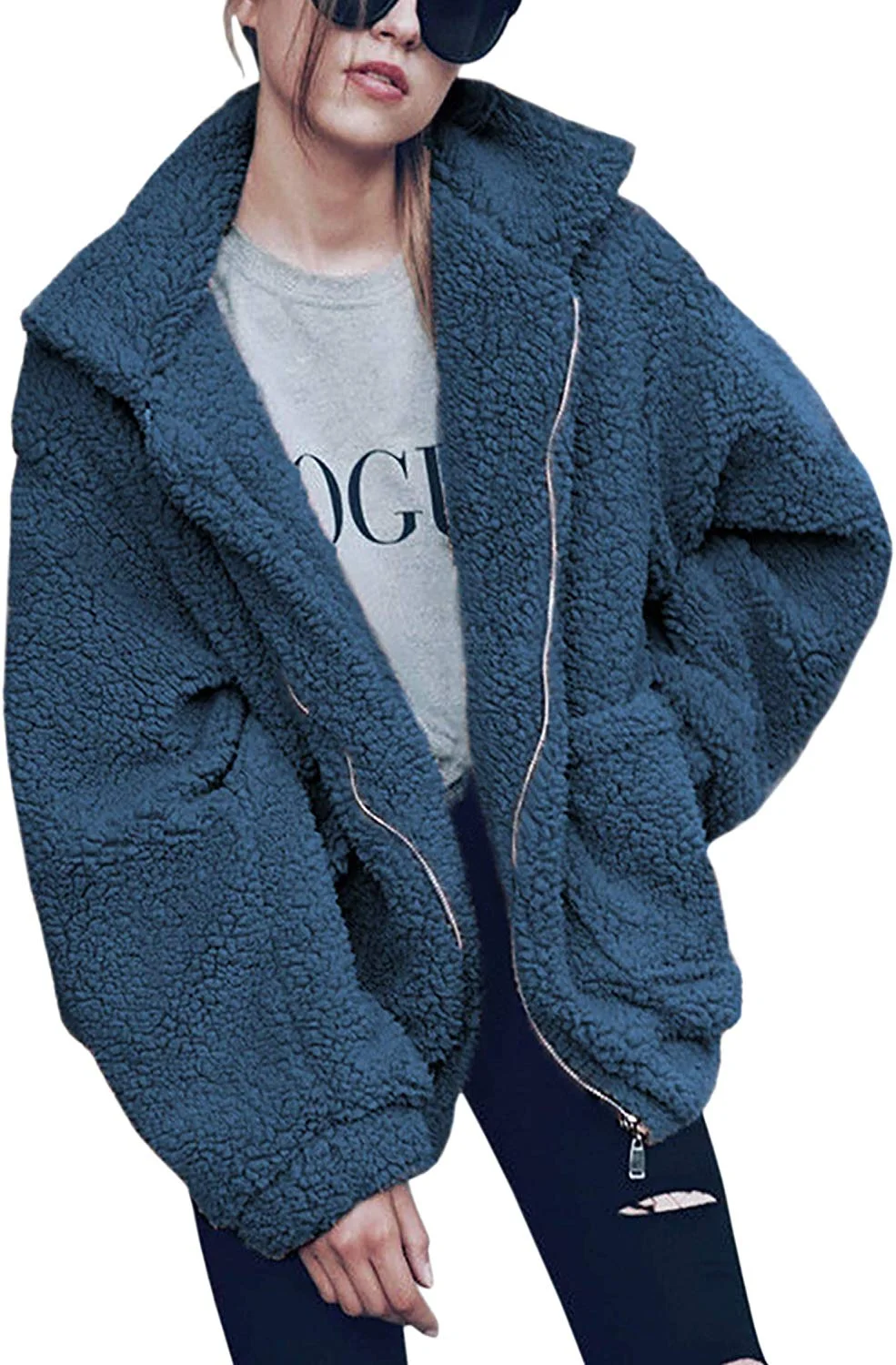 Women's Coat Casual Lapel Fleece Fuzzy Faux Shearling Zipper Warm Winter Oversized Outerwear