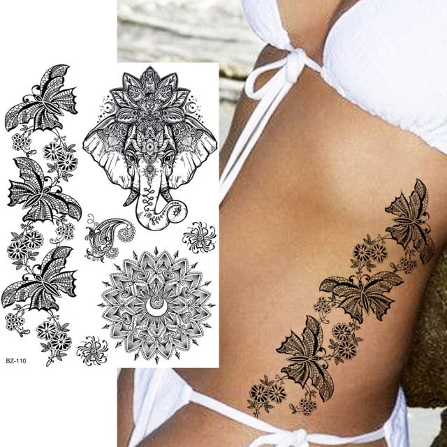 REJASKI Black Henna Lace Temporary Tattoos Sticker For WOmen Butterfly Moth Mehndi Flower Fake Tatoo Sticker Feather Flora Tatoo