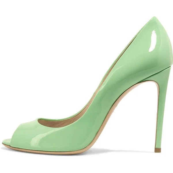 Mint Green Patent Leather Peep Toe Stiletto Pumps Vdcoo