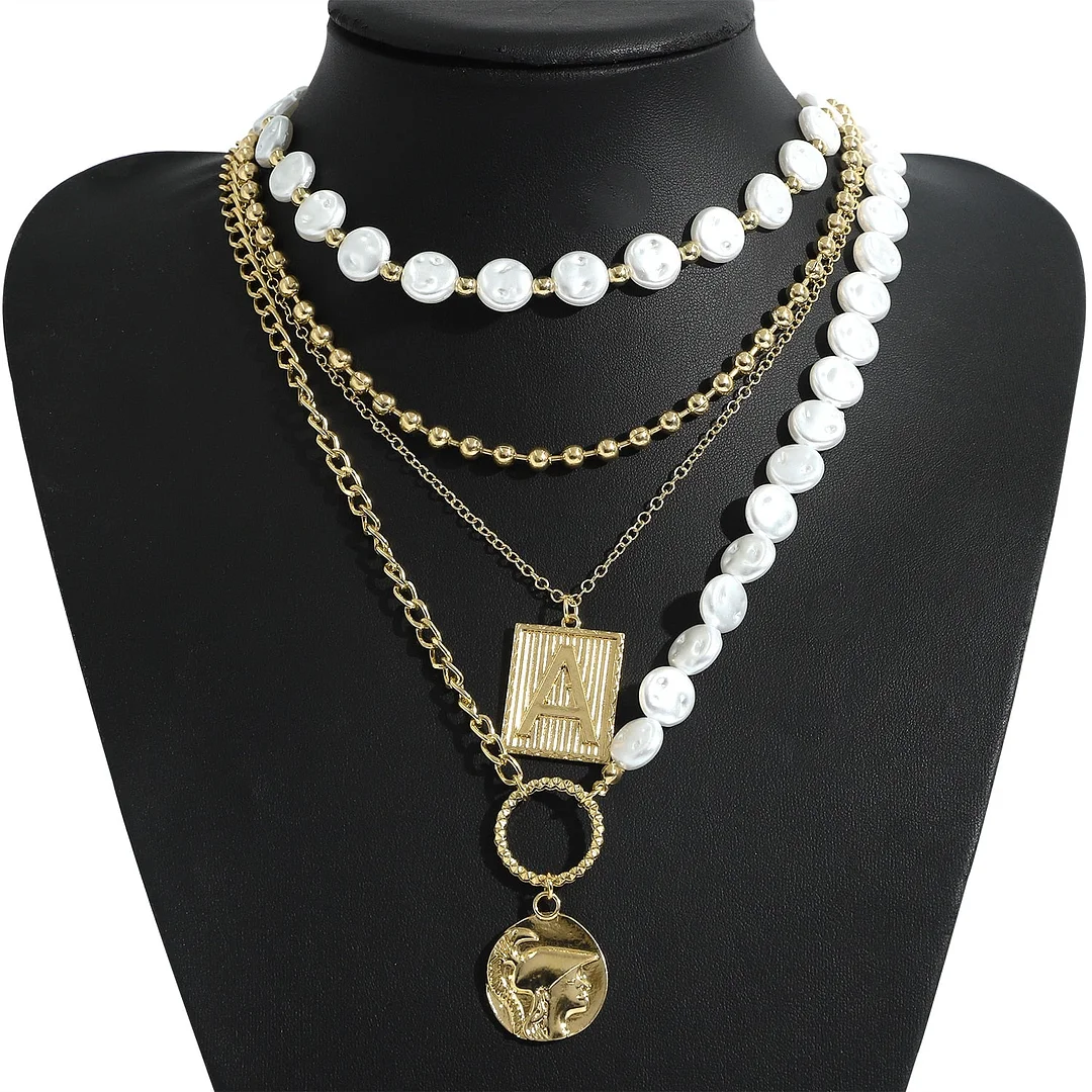 Dvacaman Retro Simple Pearl Letter Pendant Initial Necklace for Women Boho Statement Multi Layered Chunky Chain Necklace Jewelry