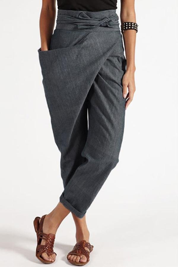 Solid Knot Front Irregular Self-tie Casual Pants-luchamp:luchamp