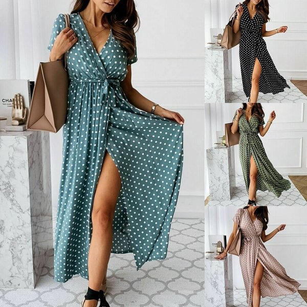 Women Wrap V Neck Polka Dot Long Maxi Dress Ladies Summer Holiday Beach Sundress - Shop Trendy Women's Clothing | LoverChic