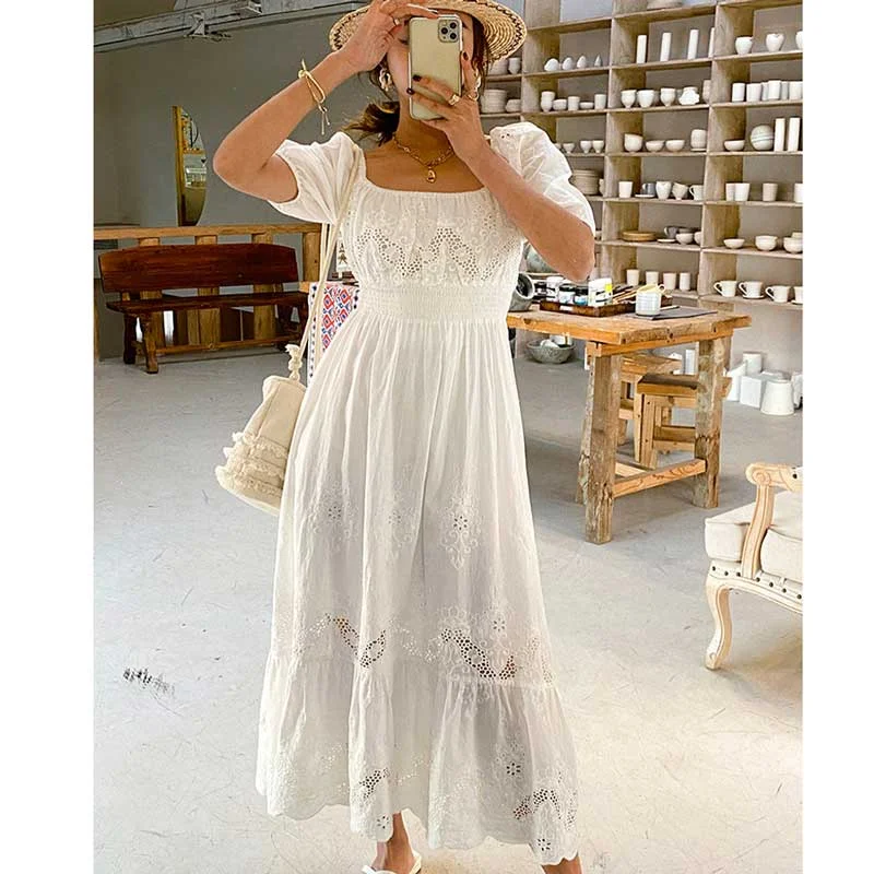 BOHO INSPIRED Embroidery anglaise midi dress women white cotton hollow out chic summer dress new smocked bodice boho dress 2023