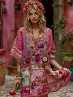 Women's Vintage Rose Floral Embroidery Art Linen Dress