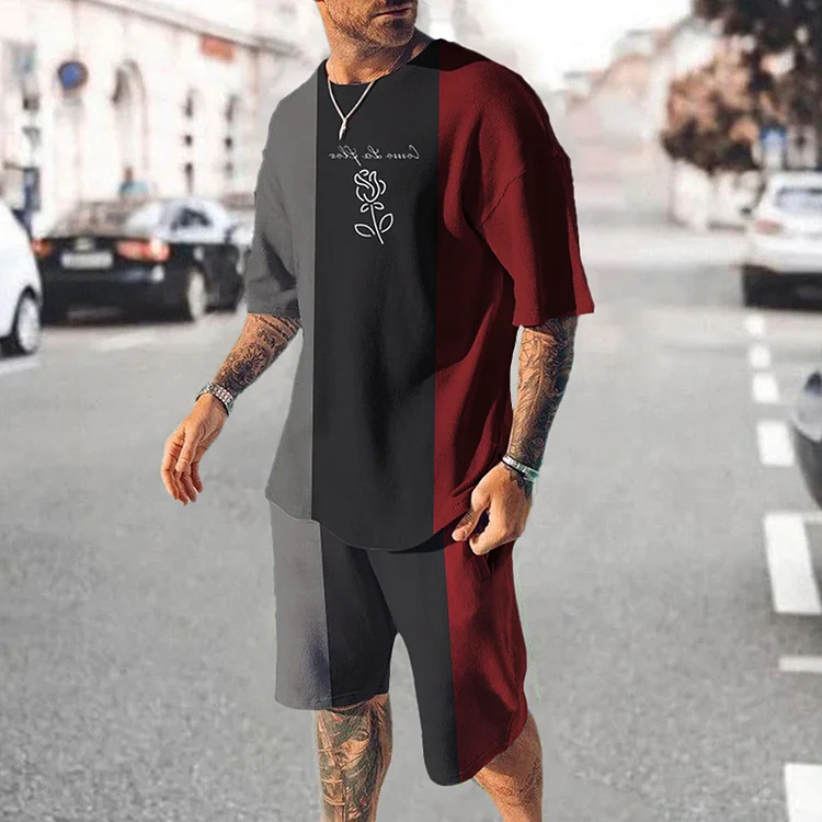 BrosWear Casual Rose Print Crew Neck T-Shirt And Shorts Co-Ord