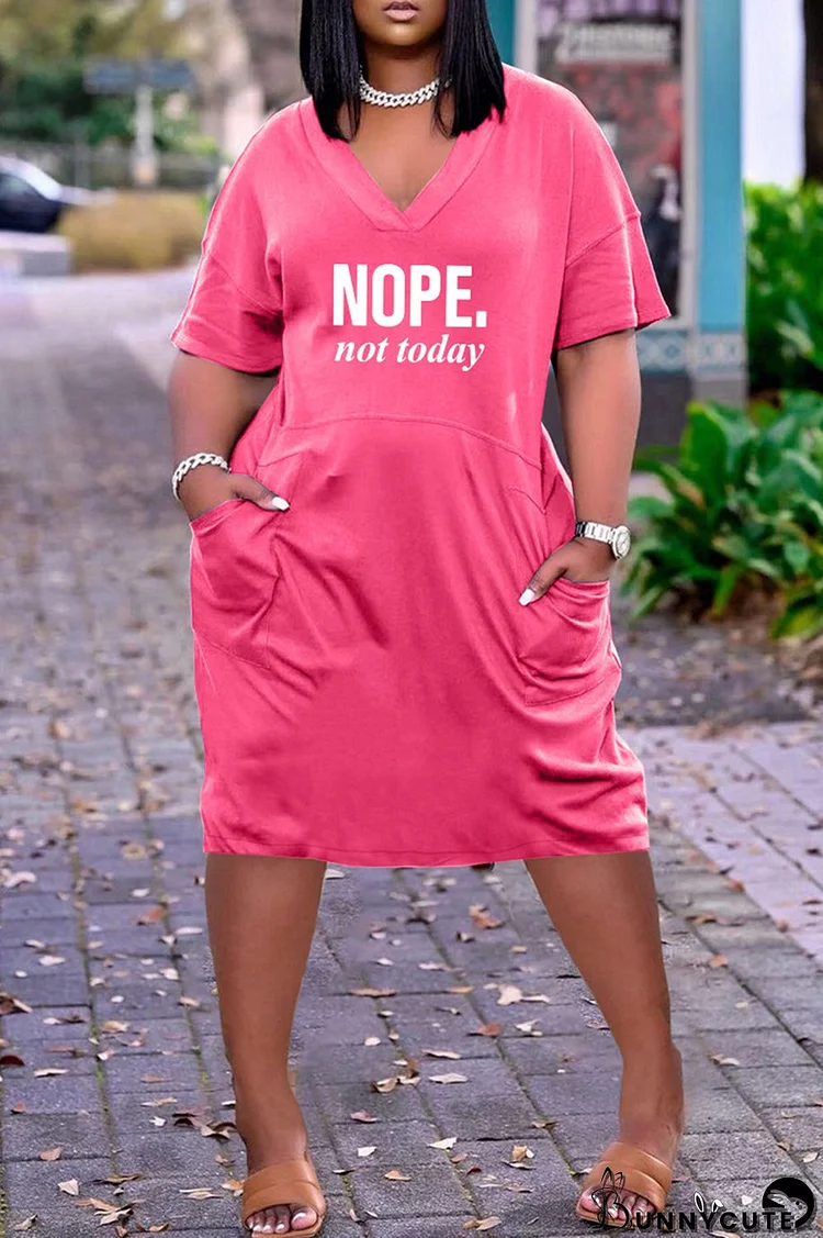 Rose Red Fashion Casual Letter Print Basic V Neck Short Sleeve Dress